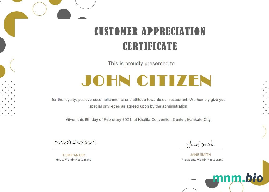 USA Customer Appreciation Certificate szablon in Word i PDF formacie